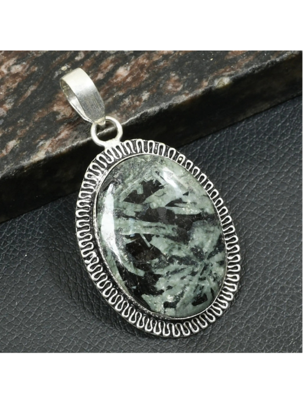 Meteorite Jasper Gemstone Necklace Pendant Jewelry 2.4" 925 Silver NWT